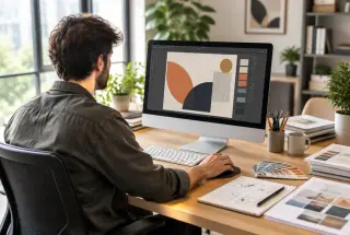 Graphiste travaillant sur une mise en page dans un bureau d’agence de communication lumineux et organisé.