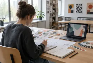 Lycéen travaillant sur un projet de graphisme avec des croquis, des couleurs et un ordinateur dans une salle d’arts appliqués.